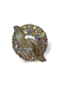 Vintage Aurora Borealis Circle Ribbon Brooch - Multi-color Gemstone Pin