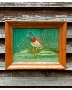 Folk Art Duck By Pond In Deep Well Oak Frame-