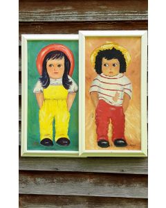 Folk Art Painting Of Children - Mid Century Signed Nomi 78 and 63 - Big Eye Kids